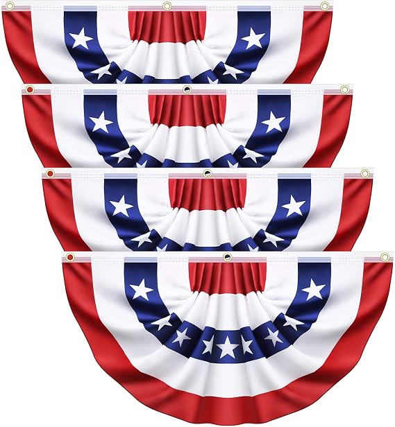4 Pack USA Pleated Bunting Fan Flags 1.5x3 Ft - American US Flag Bunting for Outside Red White & Blue Patriotic Decor for 250th Anniversary, Memorial Day, Independence Day 4th of July Decorations
