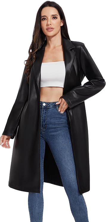 Women's Leather Trench Coat, Faux Motorcycle Plus Size Moto Biker Jacket Short Lightweight Vegan Pleather Fashion