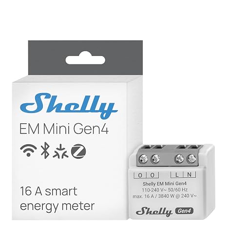 Shelly EM Mini Gen4 - Wi-Fi & Matter Smart Energy Meter, 1 Channel up to 16A, No Switch Included, Ampermeter, Voltmeter, Energy Usage, No Hub Required, Alexa, Google, HomeKit, Zigbee