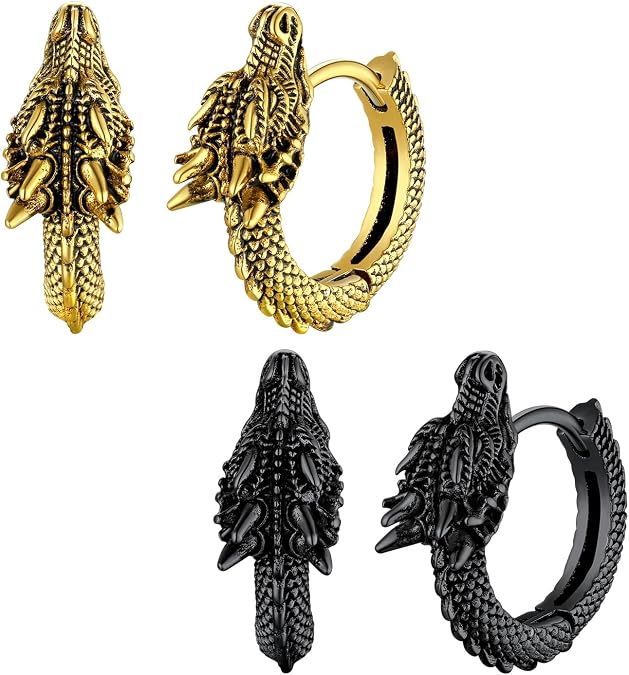U7 Dragon Earrings for Men Women(Black+Gold)