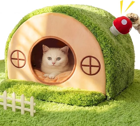 Cat House for Indoor Cats - Tree Hole Cat Bed Cave Hideaway | Enclosed Calming Shelter for Small Medium Pets, Removable & Washable Cushioned Pillow, Cute Kitten Bed with Anti-Slip Base