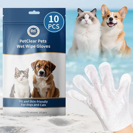 Pet Glove Wipes for Dogs, Hypoallergenic, Cleaning, Deodorizing, Moisturizing, Easy to Clean Wrinkles, Paws, Eyes, Ears, Face, Buttocks, and Body, for Daily Care and Travel (10pcs)