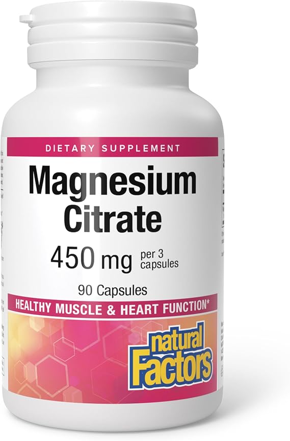Natural Factors Magnesium Citrate 450 mg for Muscle & Heart*, 90 Capsules | Daily Supplement for Muscle & Heart Health Support, Magnesium Supplement Aids Strong Bones & Teeth, Calm Sleep Support*