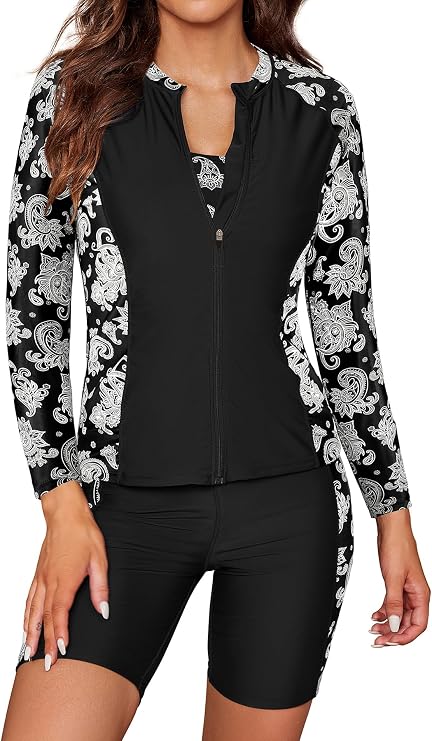 SHEKINI Women's 3 Piece Rash Guard Long Sleeve Swimsuits Zip Bathing Suits with Pants UPF 50+ Shirt