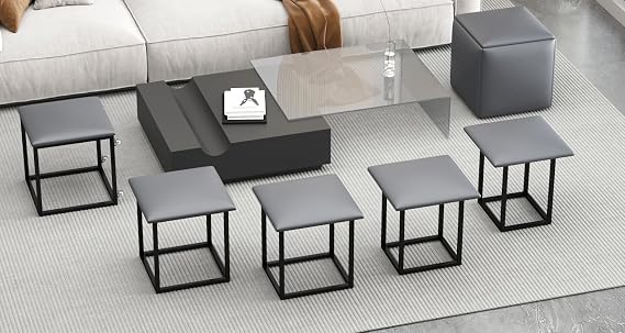 wonline 5-Piece Makeup Stool with Wheels, PU Leather Footrest Stool Ottoman Seat Vanity Stool, 5 in 1 Metal Frame Foot Rest Ottoman for Living Room, Bedroom, Dark Grey