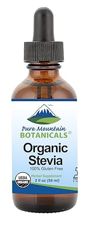 Pure Mountain Botanicals Organic Liquid Stevia Drops - Alcohol Free - Zero Calorie Kosher Sugar Substitute Sweetener - 2 oz Glass Bottle