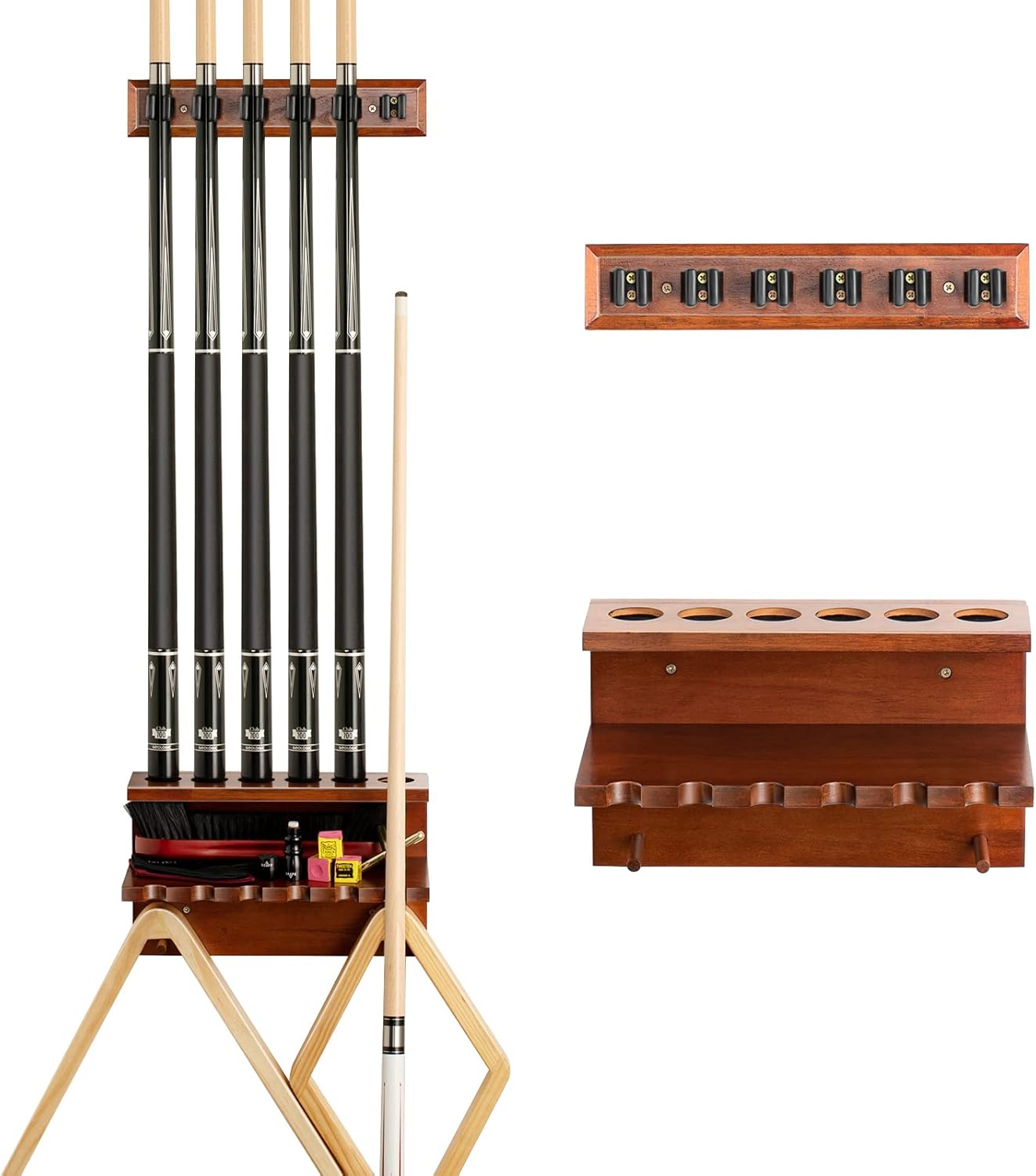 EXTCCT Wall Mount Pool Stick Holder - Hardwood Billiards Cue Rack for 6 Sticks - Table Accessories Equipment Organizer