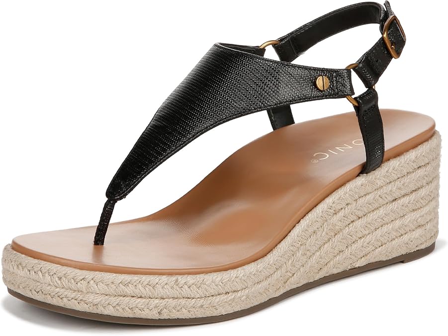 Vionic Women's Solano Kirra Wedge Toe Post Comfortable Wedge Heels- Supportive Wedges Comfort Shoes Black Leather 8 Medium