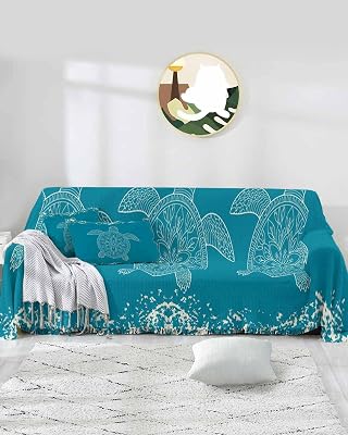 Turtle Turquoise Sofa Covers for 3 Cushion, Washable Couch Cover for Sectional Sofa Slipcovers with Tassel, Coastal Ocean Boho Flower Retro Mottled Loveseat Covers Futon Cover Blanket 71x118