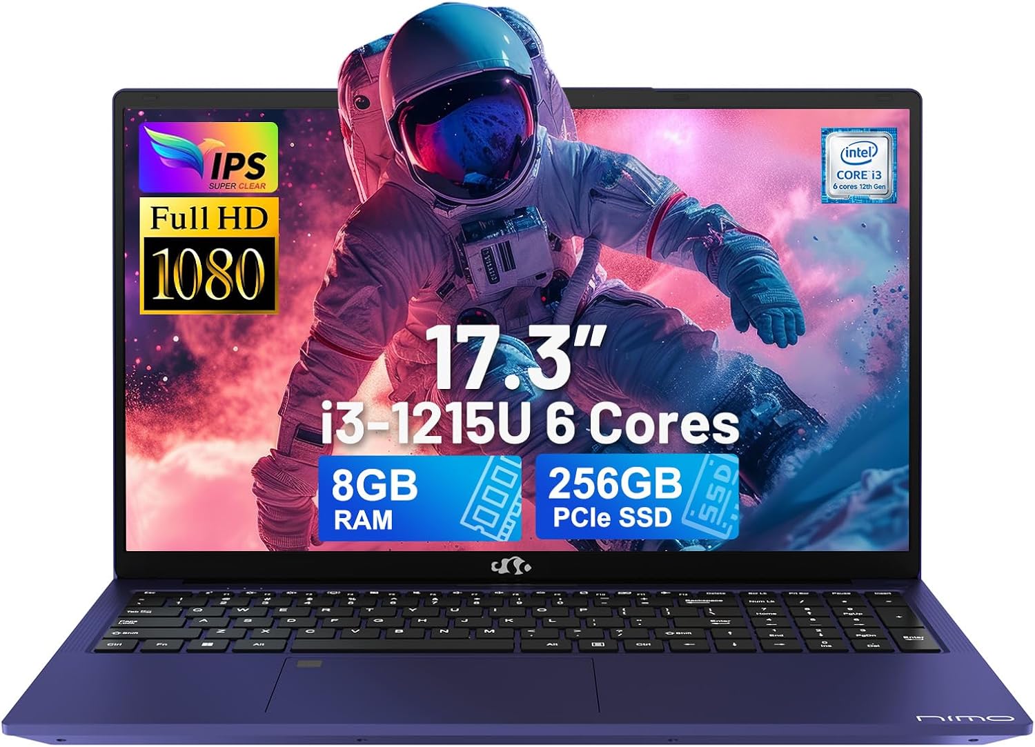 NIMO 17.3 IPS FHD-Laptop, Intel 6 Cores i3-1215U 8GB RAM 256GB SSD Beat Ryzen 5 7520U, Up to 4.4GHz Computer with 65W GaN Type C Backlit Keyboard Fingerprint, for Home Student and Business Blue