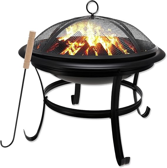 Gas One 22 in Outdoor Wood Burning Fire Pit with Mesh Lid and Fire Picker Durable Alloy Steel Fire Pits for Outside Small Fire Pit for Backyard, Porch, Deck, Camping, BBQ