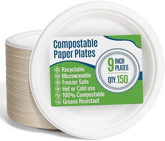 Heavy Duty 9" Compostable & Biodegradable Paper Plates [150 Count] - Microwavable, Hot & Cold, Sturdy Grease Resistant, Eco-Friendly, Food Grade Sugar Cane Fiber Ideal for Meals, Snacks, Deserts