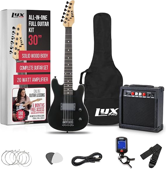 LyxPro 30 Inch Electric Guitar and Starter Kit for Kids with 3/4 Size Beginners Guitar, Amp, Six Strings, Two Picks, Shoulder Strap, Digital Clip On Tuner, Guitar Cable and Soft Case Gig Bag - Black