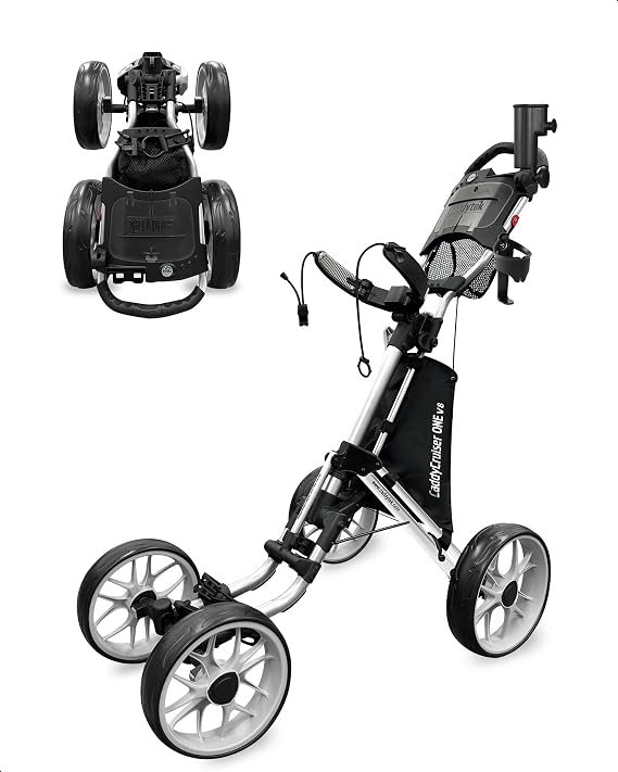 CaddyTek 4 Wheel Golf Push Cart - Caddycruiser One Version 8 1-Click Folding Trolley - Lightweight, Compact Pull Caddy Cart, Easy to Open