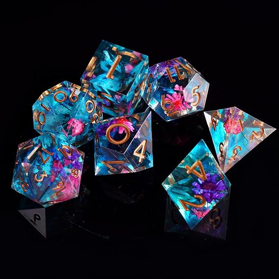 ORUZA 7 PCS Polyhedral DND Dice Resin Sharp Edge D&D Dice Set for Dungeons and Dragons RPG MTG Table Role Playing Games Die D20 D12 D10 D8 D6 D4 D%