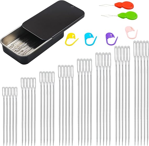 Eketirry Large Eye Sewing Needles, 8 Sizes Hand Sewing Sharp Needles, Embroidery Needle, Leather Needle,Stainless Steel Yarn Needles with Threaders & Stitch Markers (Black 80pcs)