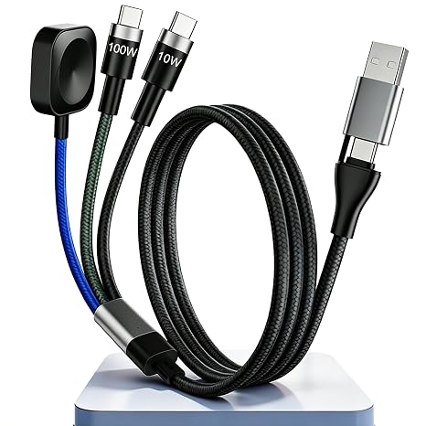 Multi Fast Charging Cable for Apple Watch - 100W Dual USB C Fast Charging Cable for iPhone 17/16/15/14/13/iWatch, 3 in 2 Portable Watch Charging Cord with 2 USB C and iWatch Charger Port, 6.5FT