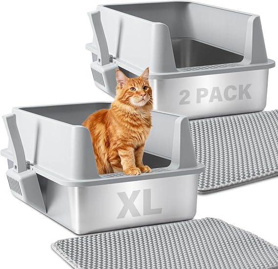 Stainless Steel Litter Box 2 Pack, XL Metal Litter Box with Lid