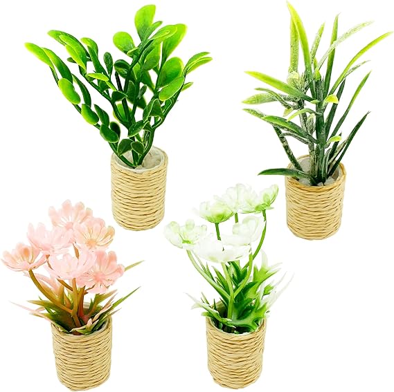 4Pcs Miniature Potted Plant Flowers Basket for 1:12 Dollhouse | Artificial Mini Bonsai Trees for Fairy Garden, Micro Landscape Scene Model Decoration