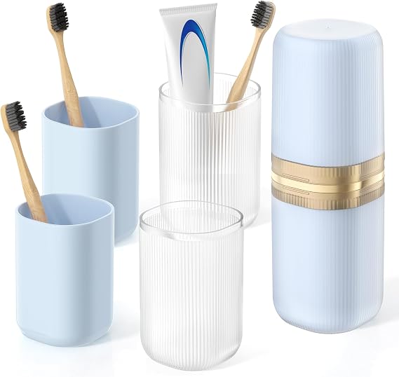 Quatish 4-in-1 Toothbrush Travel Case, Portable Toothbrush Holder with 4 Rinse Cups, Large-Capacity Storage for Toothbrush & Toothpaste, Ideal for Travel, Home, Camping, Gym, Business Trip Blue