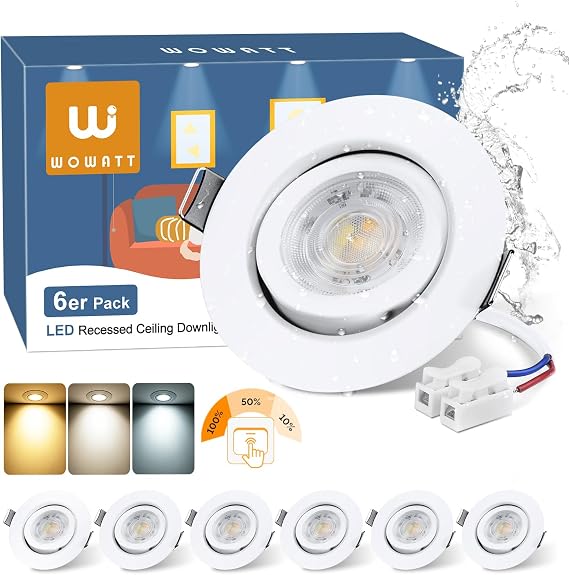 wowatt 6 LED Recessed Spotlights 3 Levels Dimmable 6 W LED Spotlights 230 V Swivelling 3000 K Warm White 4000 K Neutral White 6000 K Cool White Ceiling Spotlights White 68 mm Hole Size [Energy Class E]