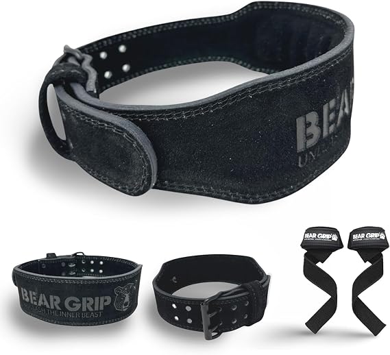 BEAR GRIP Premium Suede Weight Lifting Belt with Lifting Straps – Double Prong Gym Belt for Men & Women, Lumbar & Back Support for Powerlifting, Deadlifts, Bodybuilding & Strength Training