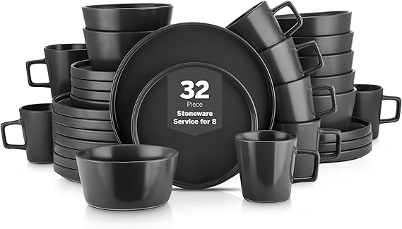 Stone Lain Celina Stoneware 32 Piece Modern Dinnerware Set, Plates and Bowls, Black Matte, Service for 8, Microwave & Dishwasher Safe