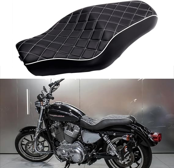 Black Motorcycle Front Driver Rear Passenger Two Up Leather Seat Cushion Compatible with Harley Davidson Sportster Iron 883 SuperLow 1200T XL1200T