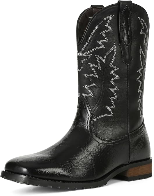 AMINUGAL Mens Cowboy Boots Pull On Square Toe Chunky Block Heel Embroidered Mid Calf Boot Horse Riding Trendy Durable Comfy Motorcycle Traveling Work Shoes