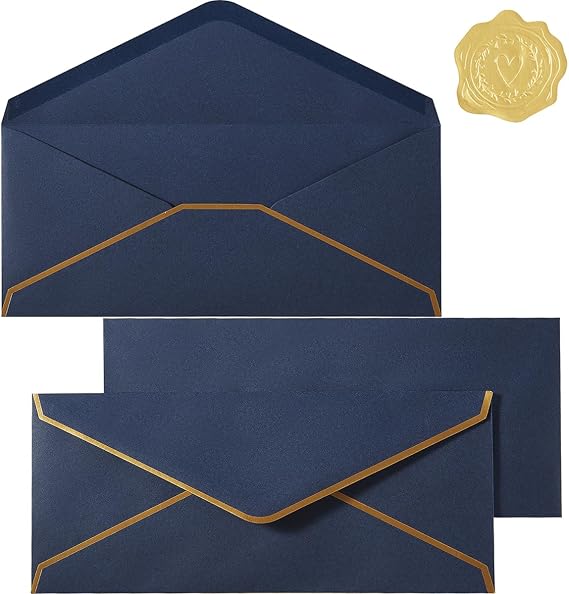 30 Pack #10 Business Envelopes with Stickers, Thick Paper, Navy Blue