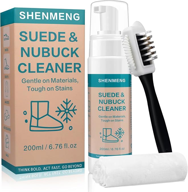 Suede Cleaner Kit, Shoe Cleaner for Suede, Nubuck & Leather Shoes, Sneakers, Boots, Bags, Clothes & Furniture Safe Foam Formula with Brush & Towel, Removes Stains, Salt & Dirt, 6.76 Oz