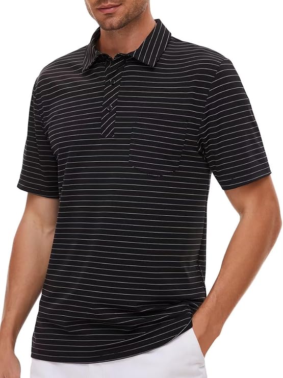 Pdbokew Men's Polo Shirts Short Sleeve Striped Golf Polo Shirt with Pocket
