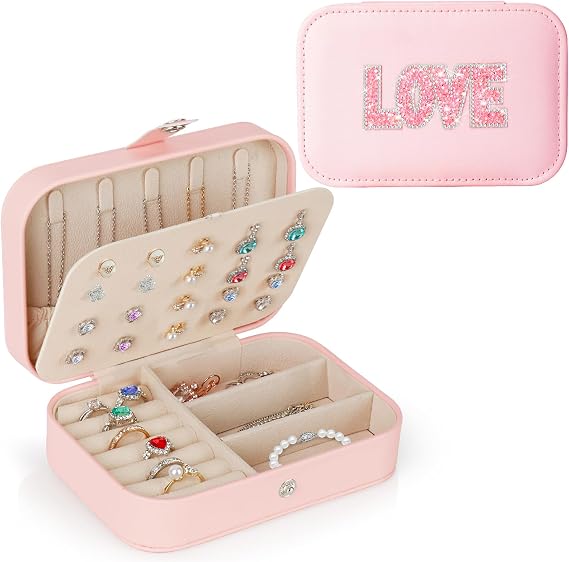 Bling Love Rhinestone Jewelry Box Gifts for Teen Girls Kids Women,Trendy Sparkly Jewelry Case,Glitter Cute Travel Jewelry Box Organizer,Personalized Holiday Christmas Gifts,Small Size (Pink-Love)