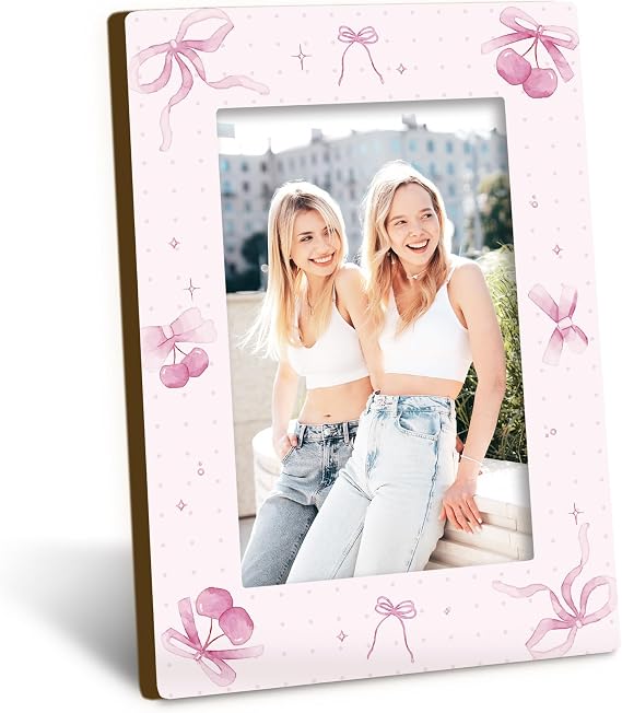 Pink Coquette Cherry Bow 4x6 Picture Frame, Best Friends Photo Frame, Bestie Picture Frame, Gifts for Girly Girls friends Besties Sisters, Pink Coquette Trendy Photo Frames for Desk Decor