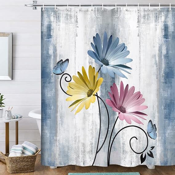 Rustic Farmhouse Shower Curtain, Farm Blue Daisy Floral Flowers and Butterfly on Country Wooden Shower Curtain for Bathroom, Turquoise Pink Yellow Bathroom Shower Curtains with 12PCS Hooks, 70X70IN