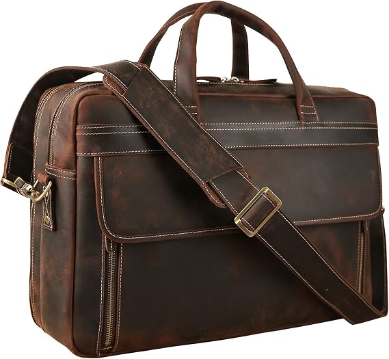 TIDING Men's Leather 15.6"-17.3" Laptop Briefcase Work Travel Messenger Bag | Large Crossbody Shoulder Bag with Dual Padded Laptop Compartment & Trolley Strap
