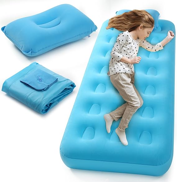 Vercraft Kids Sleeping Pad for Camping Air Bed Flocked Surface with Inflatable Pillow Camping Air Mattress for Backpacking Travel Sleepover Outdoor Tent Guest(Sky Blue)