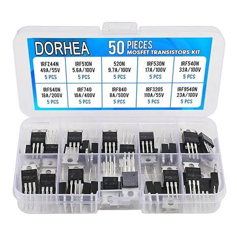 50 Pcs IRFZ44N IRF510N IRF520 IRF530N IRF540N IRF640N IRF740 IRF840 IRF3205 IRF9540 IRF Series 10 Values N-Channel Power MOSFET Transistors Assortment Kit