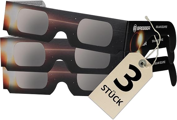 Bresser Solar Eclipse Glasses CE Certified ISO 12312-2 Pack of 3 Completely safe ready for the solar eclipse 2026 2027 2028 bright yellow sun image UV and IR protection made in the USA