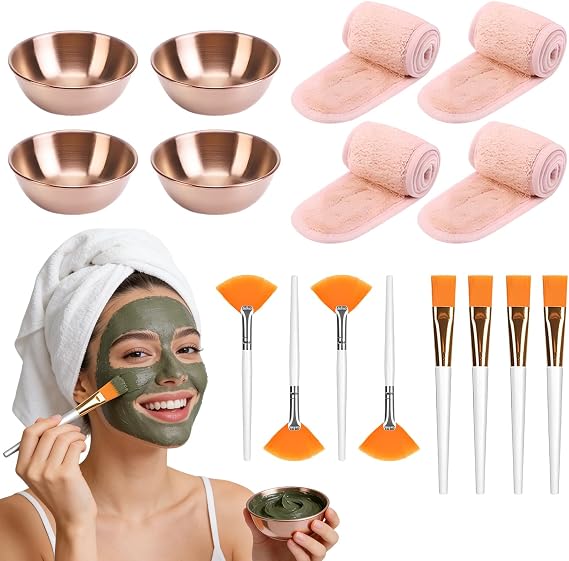 16 Pcs Esthetician Facial Supplies Tools Set, Facial Bowls and Brush Set, Including 4 Gold Stainless Steel Bowls, 4 Fan Brushes, 4 Flat Brushes & 4 Facial Headbands, for Skincare Routine