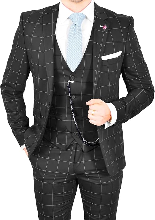 Plaid 3 Piece Set Business Suit for Men Slim Fit Checked Suits Formal 2 Buttons Wedding Suits Blazer Vest Pants