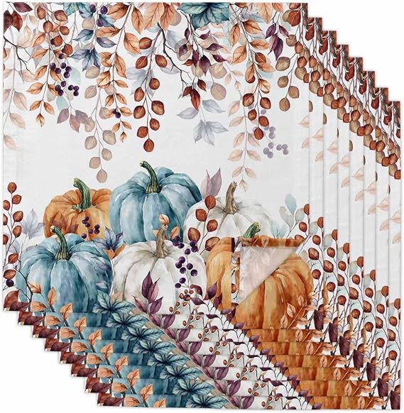 Eucalyptus Leaves Fall Dinner Cloth Napkins Set of 8, Thanksgiving Orange Blue Pumpkin Washable Cocktail Cloth Napkins, Farmhouse Reusable Table Napkins for Wedding Holiday Party, 20x20 Inch