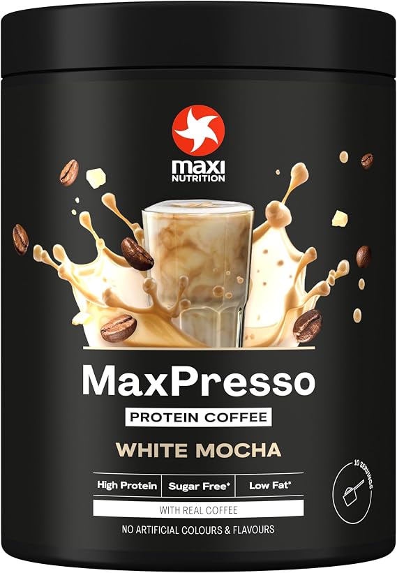 MaxiNutrition MaxPresso White Chocolate Mocha, Protein Coffee, Whey Protein Powder, 21 g Protein per Serving, Sugar-Free & Low-Fat, Mix Warm or Cold