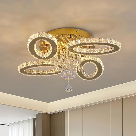 VETRULUS Crystal Chandelier Gold Flush Mount Light Modern Home Tri-Color [Energy Class F]