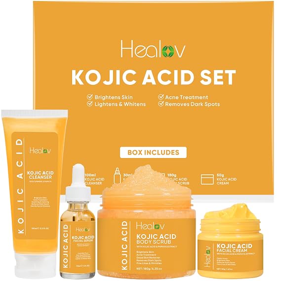 Kojic Acid Skincare Set Kojic Soap Cleanser, Exfoliating Body Scrub, Face Cream & Brightening Facial Serum Skin Brightening Hyperpigmentation Treatment, Dark Spot Corrector with Turmeric Papaya