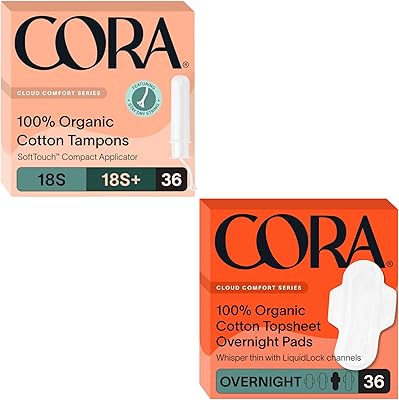 Cora Organic Feminine Care | Applicator Tampon Multipack and Ultra Thin Overnight Pads with Wings | Ultra-Absorbent, Unscented, Natural, Non-Toxic | 72 Total | Bundle Pack
