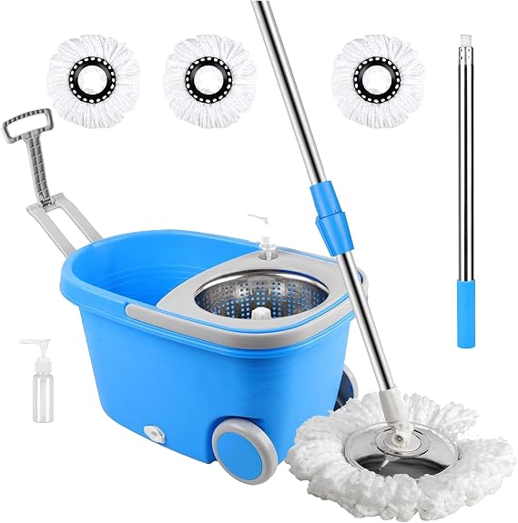 Mop and Bucket with Wringer Set for Home,360 Spin Mop and Bucket on Wheels and 3 Microfiber Mop Refills, Stainless Steel 61" Extended Handle Spinning Mop Bucket System for Floor Cleaning