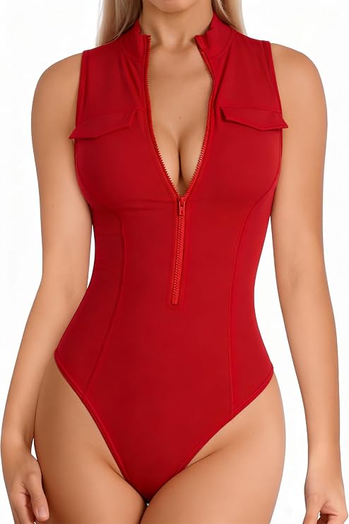 YMDUCH Women's Sexy Sleeveless High Neck Zip Up Slim Fit Bodysuit Top