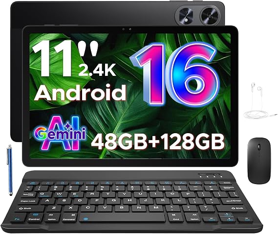 P11 Pro 11 inch Tablet, 48GB RAM+128GB ROM, Tablet 2.4K 90Hz, T7250 Octa-Core, 8800mAh, 13MP+5MP, Android 16 Tablet with Gemini AI, 5G WiFi, Headphone, Tablet with Keyboard, Pen, Mouse-Black