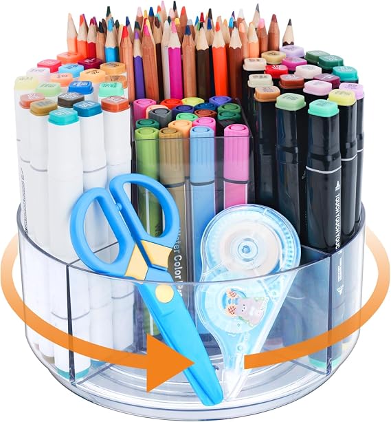 Pencil Holder for Desk, 360-Degree Rotating Pen Marker Crayon Organizer, Spinning Acrylic Desk Pen Organizer Storage, 5 Slots Large Capcaity Caddy for Home Office School Kids Art Supplies